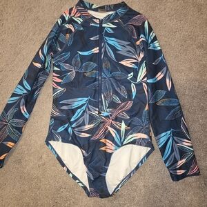 Old Navy Kids Swim Rashguard - Blue and Multicolor Leaf Print